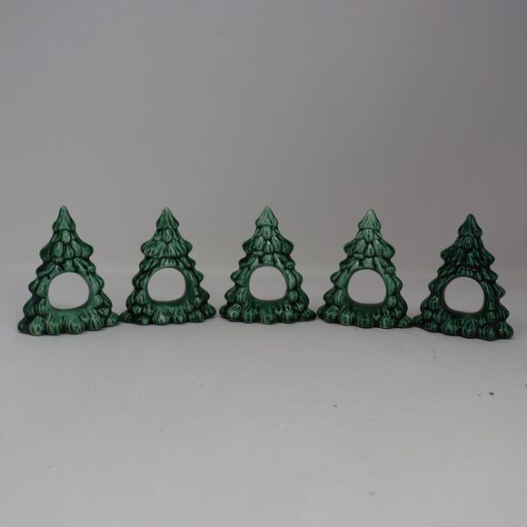 VTG Set 5 Ceramic Glazed Christmas Tree Napkin Rings Holiday Tableware 3" High - Picture 1 of 5